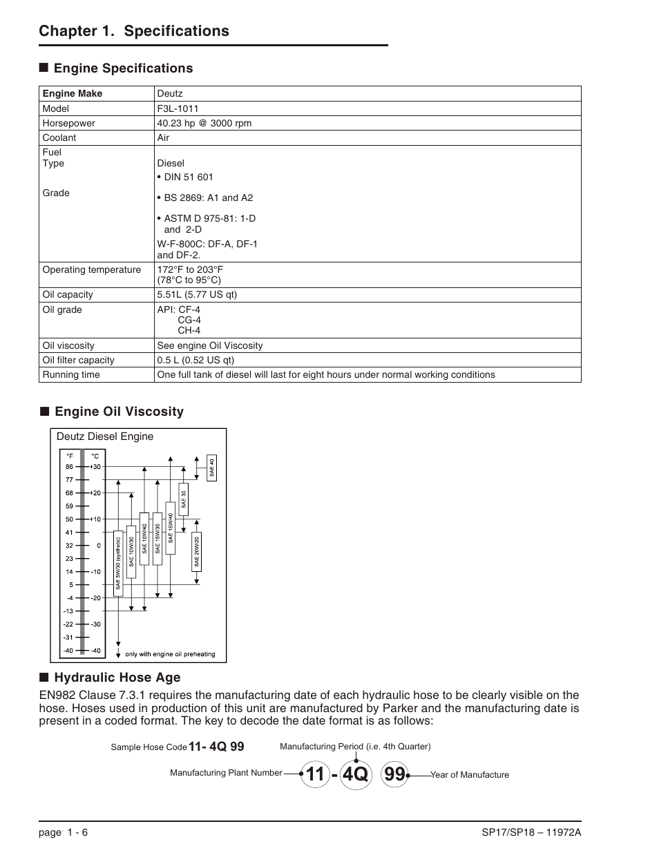 Engine specifications 1-6, Engine oil viscosity 1-6, Hydraulic hose age 1-6 | Chapter 1. specifications | Snorkel SP18 User Manual | Page 14 / 69