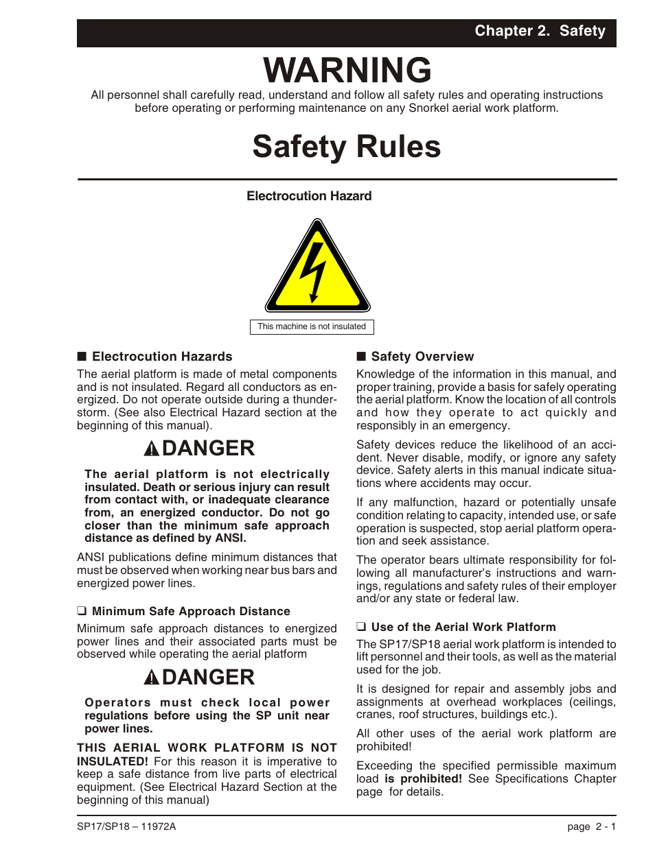 Chapter 2. safety, Electrocution hazards 2-1, Minimum safe approach distance 2-1 | Safety overview 2-1, Use of the aerial work platform 2-1, Minimum safe approach distance, 2-1, Electrocution hazards -1, Minimum safe approach distance -1, Safety overview -1, Use of the aerial work platform -1 | Snorkel SP18 User Manual | Page 15 / 69