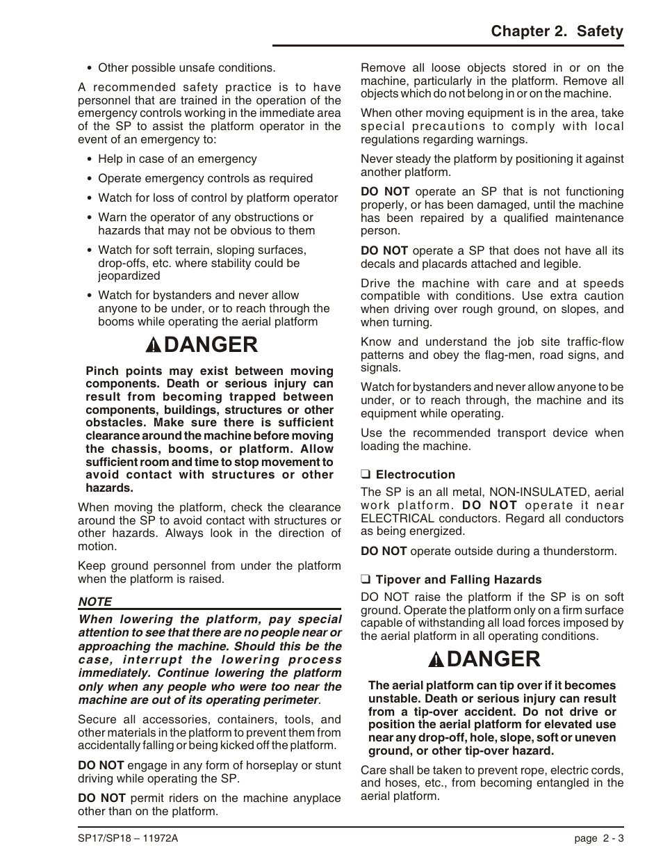 Electrocution 2-3, Tipover and falling hazards 2-3, Electrocution -3 tipover and falling hazards -3 | Danger, Chapter 2. safety | Snorkel SP18 User Manual | Page 17 / 69