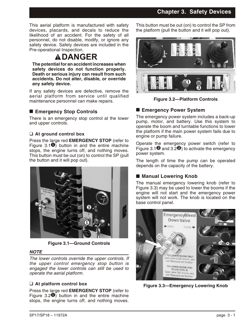 Chapter 3. safety devices, Emergency stop controls 3-1, At ground control box 3-1 | At platform control box 3-1, Emergency power system 3-1, Manual lowering knob 3-1, Emergency stop controls -1, Emergency power system -1 manual lowering knob -1, Danger | Snorkel SP18 User Manual | Page 23 / 69