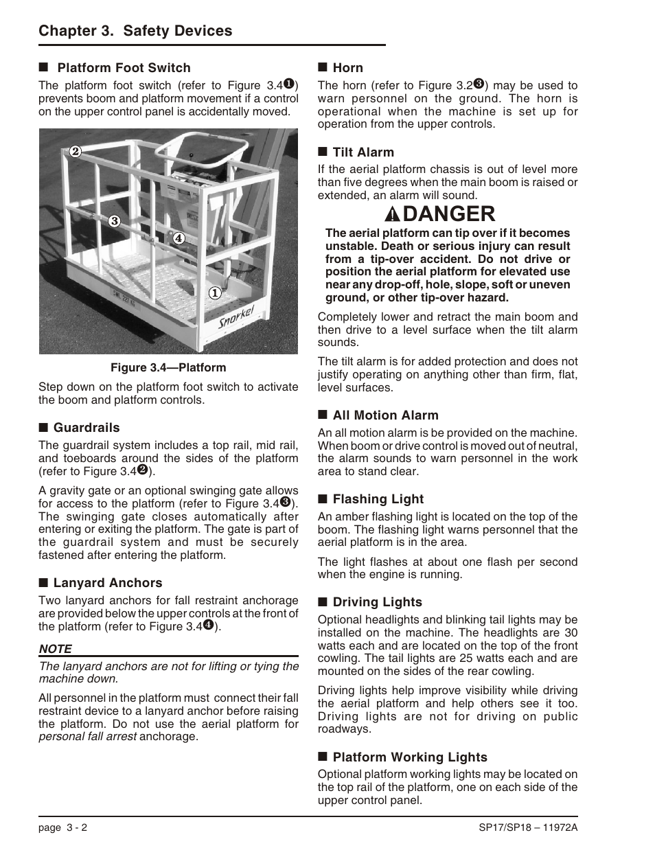 Platform foot switch 3-2, Guardrails 3-2, Lanyard anchors 3-2 | Horn 3-2, Tilt alarm 3-2, All motion alarm 3-2, Flashing light 3-2, Driving lights 3-2, Platform working lights 3-2, Danger | Snorkel SP18 User Manual | Page 24 / 69
