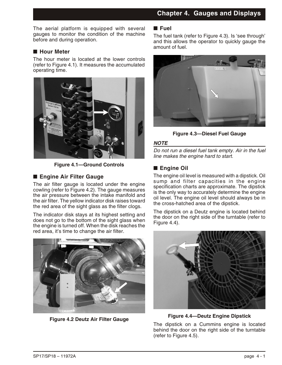 Chapter 4. gauges and displays, Hour meter 4-1, Engine air filter gauge 4-1 | Fuel 4-1, Engine oil 4-1 | Snorkel SP18 User Manual | Page 27 / 69
