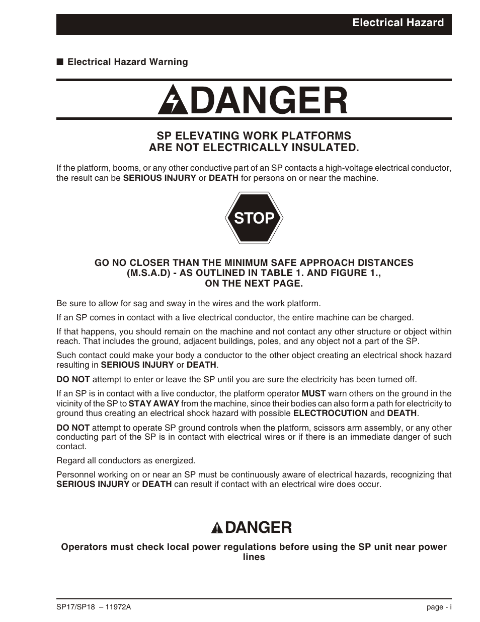 Electrical hazard, Electrical hazard warning -i, Danger | Snorkel SP18 User Manual | Page 3 / 69