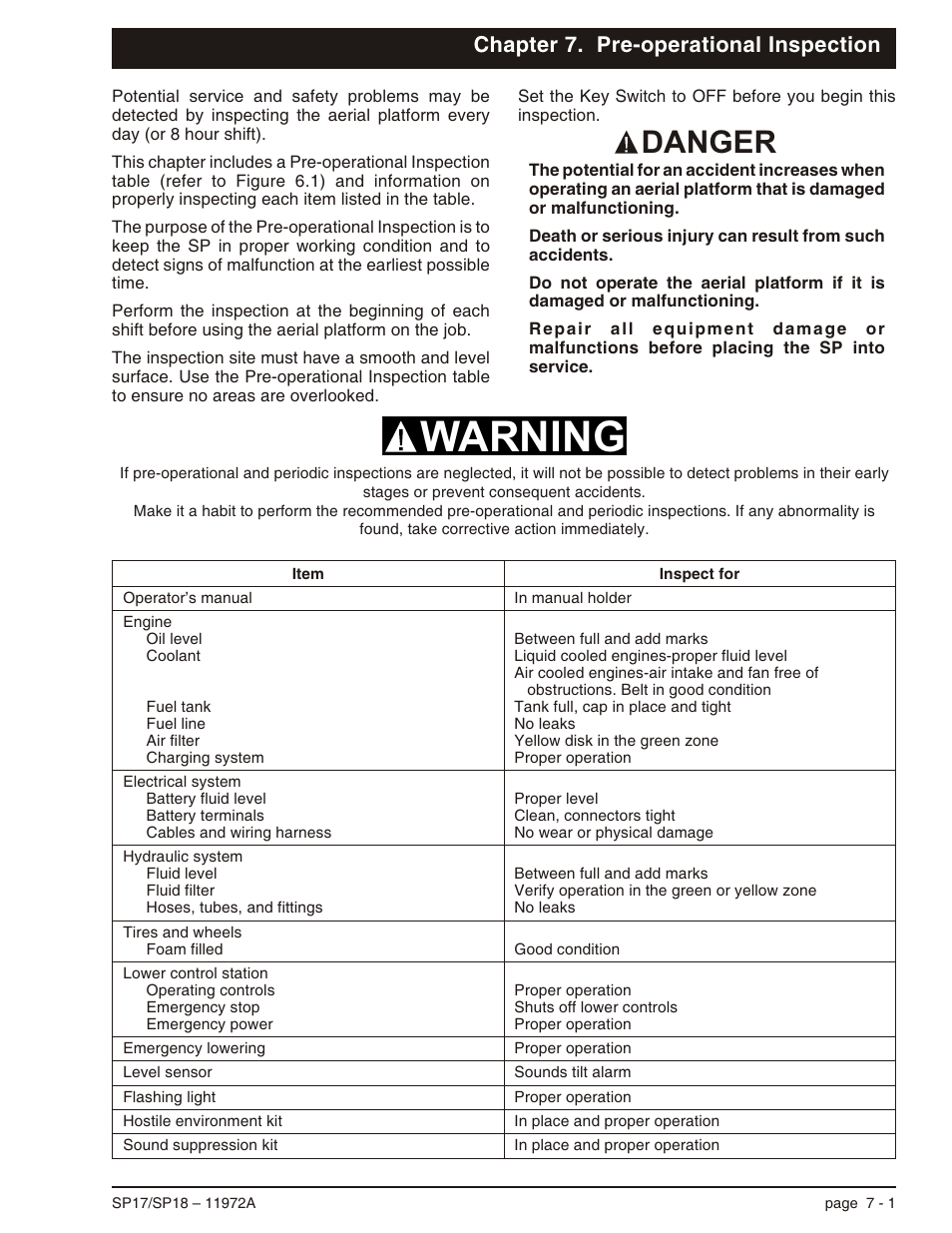 Chapter 7. pre-operational inspection, Warning, Danger | Snorkel SP18 User Manual | Page 35 / 69