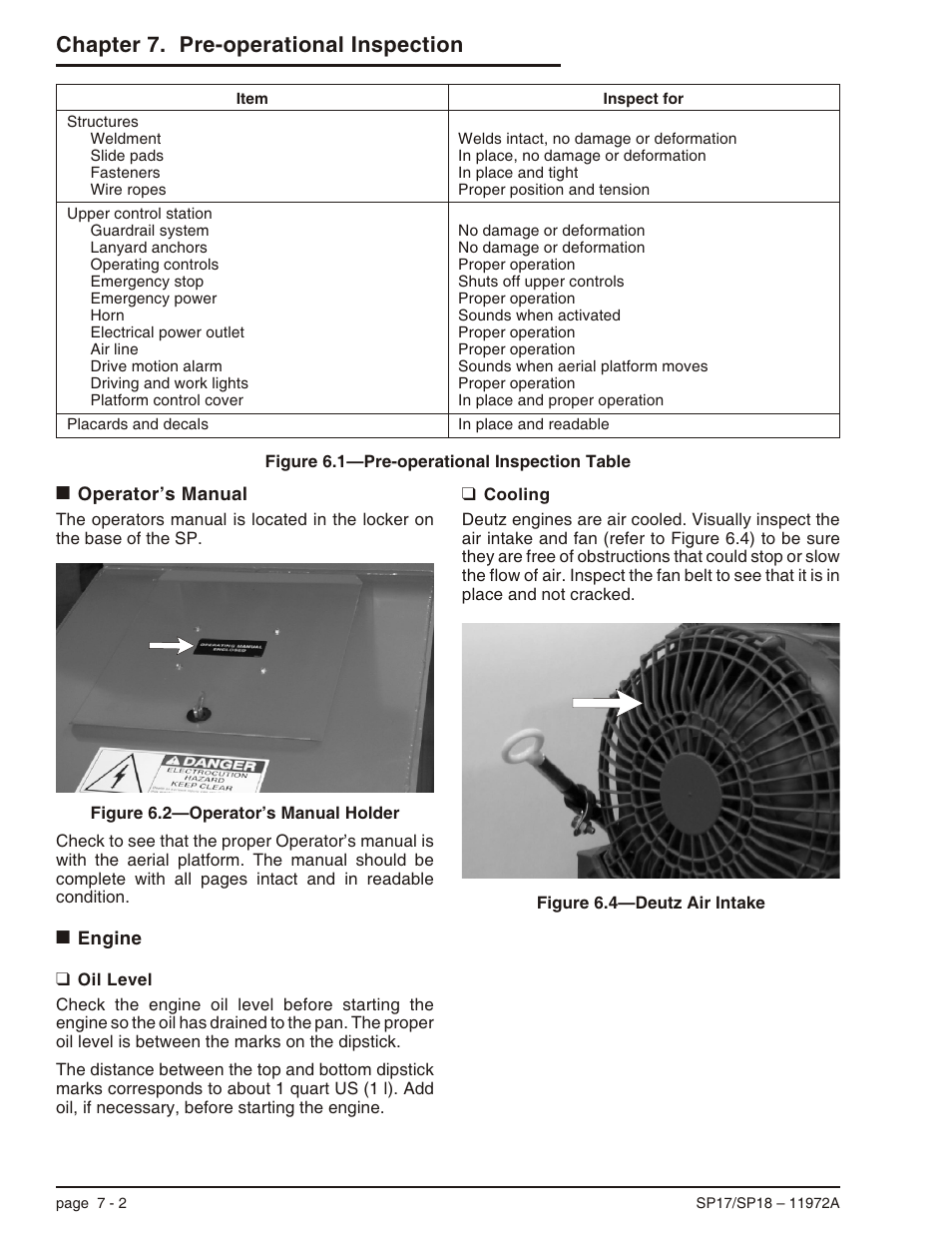 Operator’s manual 7-2, Engine 7-2, Oil level 7-2 | Cooling 7-2, Operator’s manual -2 engine -2, Oil level -2 cooling -2, Chapter 7. pre-operational inspection | Snorkel SP18 User Manual | Page 36 / 69