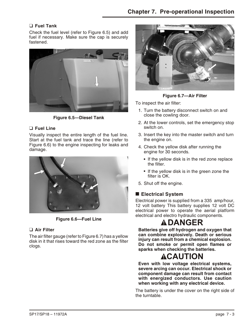Fuel tank 7-3, Fuel line 7-3, Air filter 7-3 | Electrical system 7-3, Fuel tank -3 fuel line -3 air filter -3, Electrical system -3, Danger caution, Chapter 7. pre-operational inspection | Snorkel SP18 User Manual | Page 37 / 69