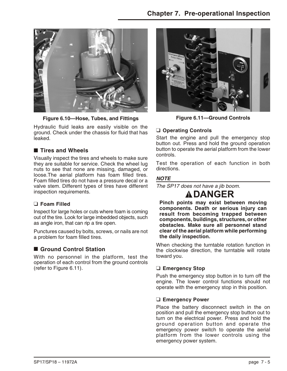 Tires and wheels 7-5, Foam filled 7-5, Ground control station 7-5 | Operating controls 7-5, Emergency stop 7-5, Emergency power 7-5, Tires and wheels -5, Foam filled -5, Ground control station -5, Danger | Snorkel SP18 User Manual | Page 39 / 69