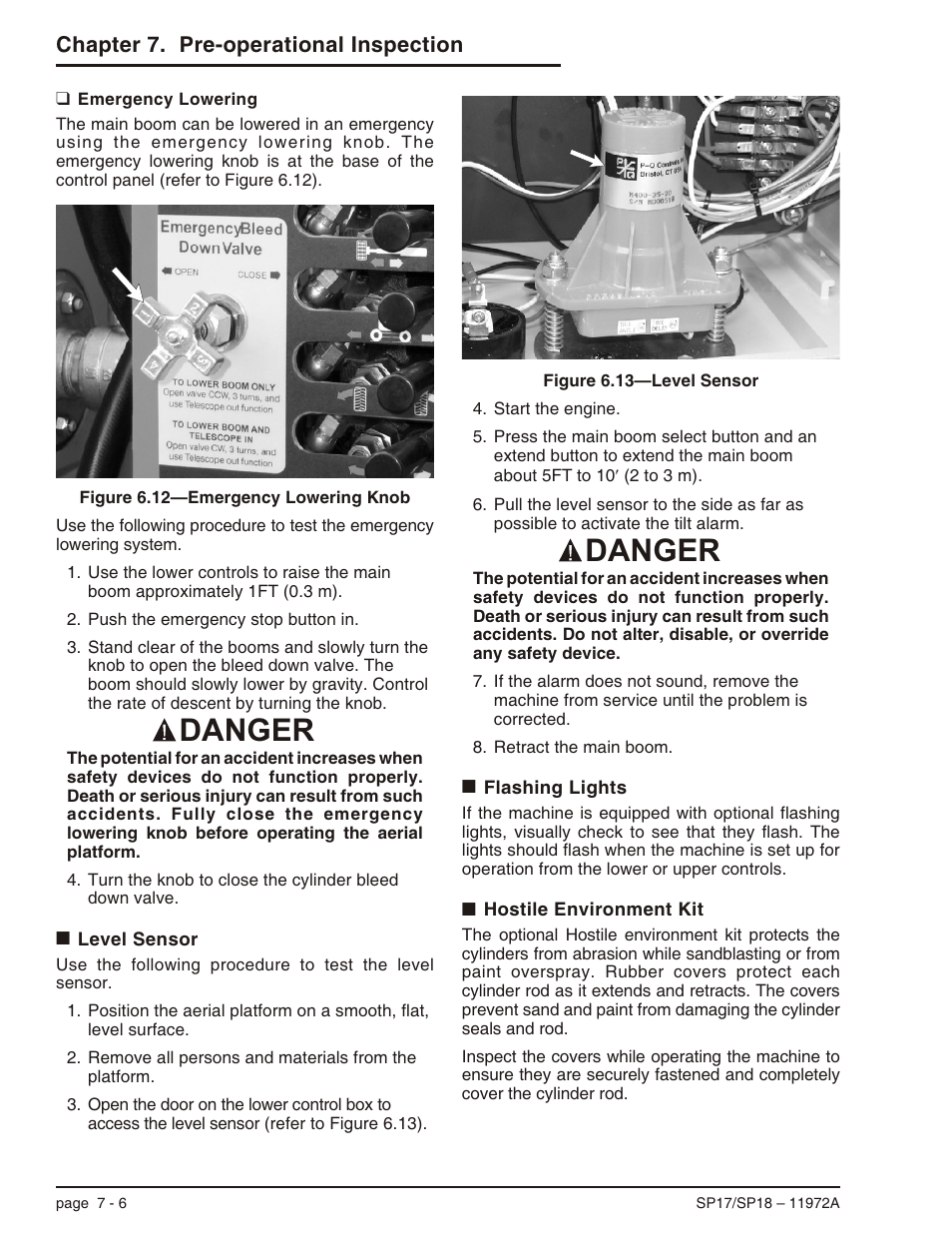 Emergency lowering 7-6, Level sensor 7-6, Flashing lights 7-6 | Hostile environment kit 7-6, Emergency lowering -6, Danger | Snorkel SP18 User Manual | Page 40 / 69