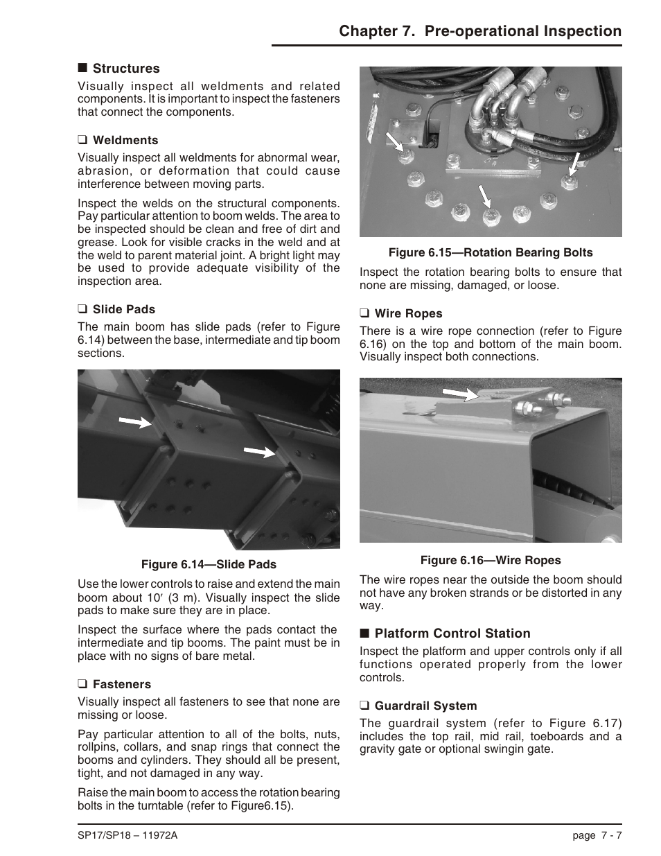 Structures 7-7, Weldments 7-7, Slide pads 7-7 | Fasteners 7-7, Wire ropes 7-7, Platform control station 7-7, Guardrail system 7-7, Structures -7, Platform control station -7, Guardrail system -7 | Snorkel SP18 User Manual | Page 41 / 69