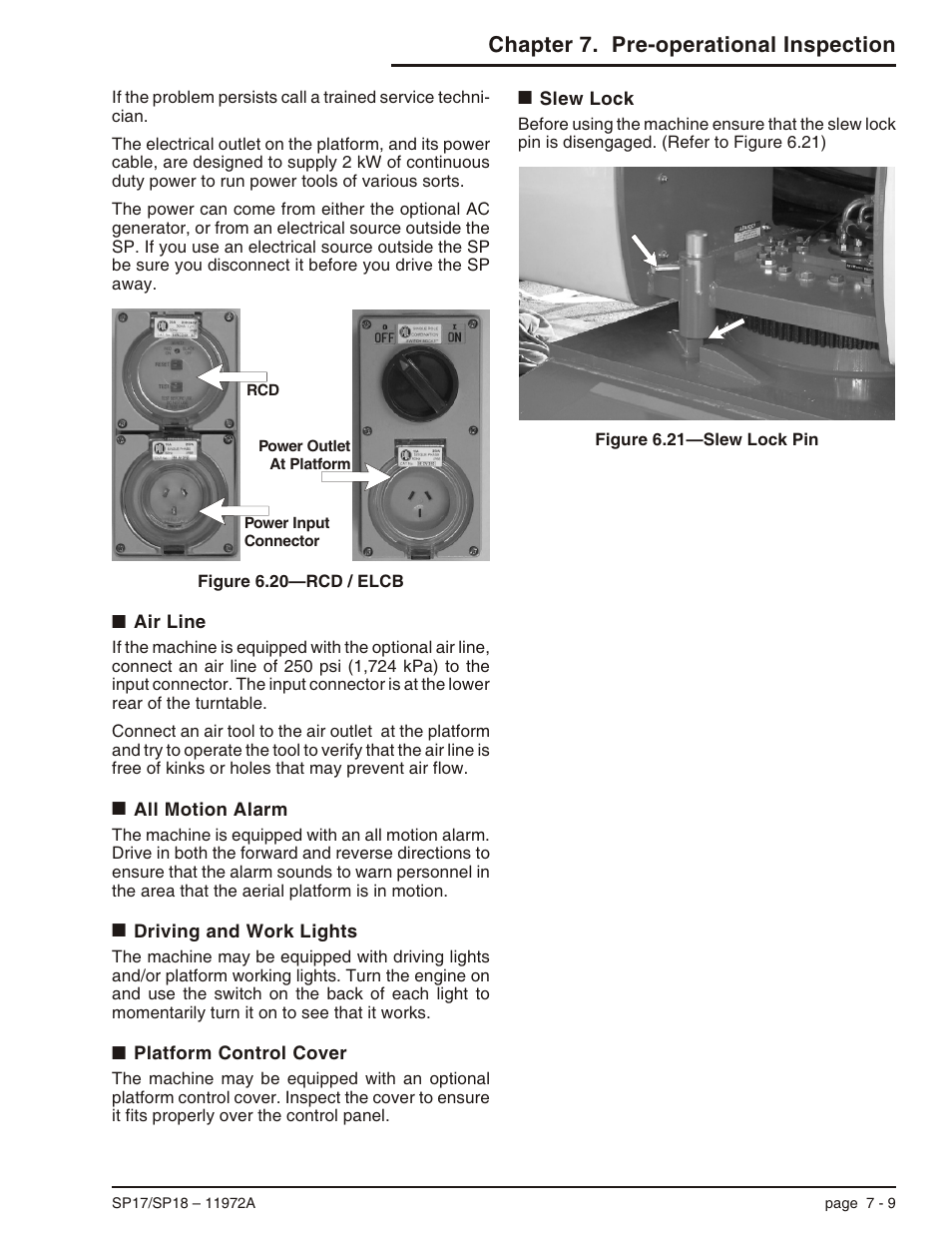 Air line 7-9, All motion alarm 7-9, Driving and work lights 7-9 | Platform control cover 7-9, Slew lock 7-9, Chapter 7. pre-operational inspection | Snorkel SP18 User Manual | Page 43 / 69