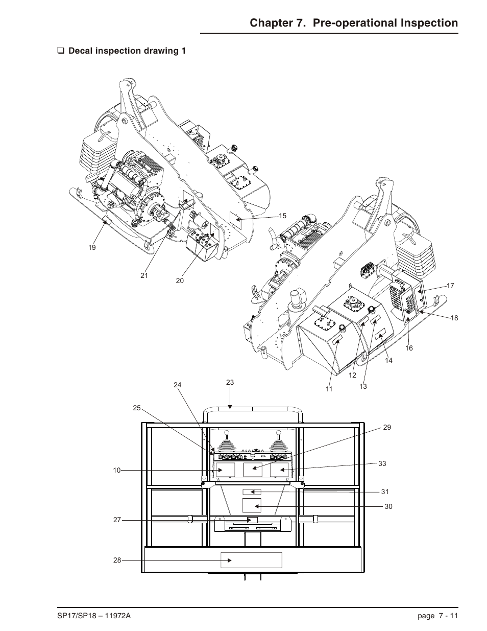 Decal inspection drawing 1 7-11, Decal inspection drawing 1 -11, Chapter 7. pre-operational inspection | Snorkel SP18 User Manual | Page 45 / 69