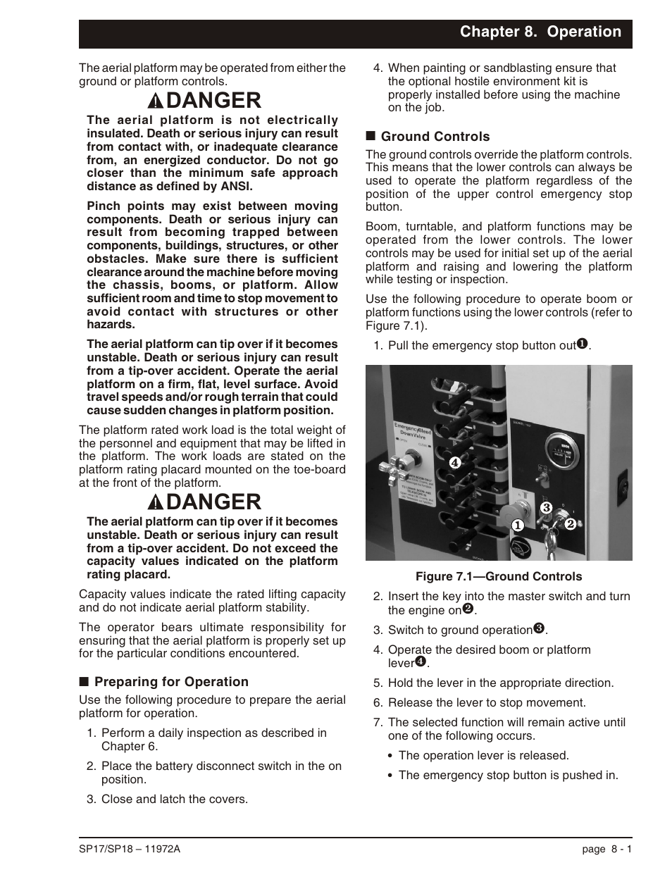 Chapter 8. operation, Preparing for operation 8-1, Ground controls 8-1 | Preparing for operation -1 ground controls -1, Danger | Snorkel SP18 User Manual | Page 47 / 69