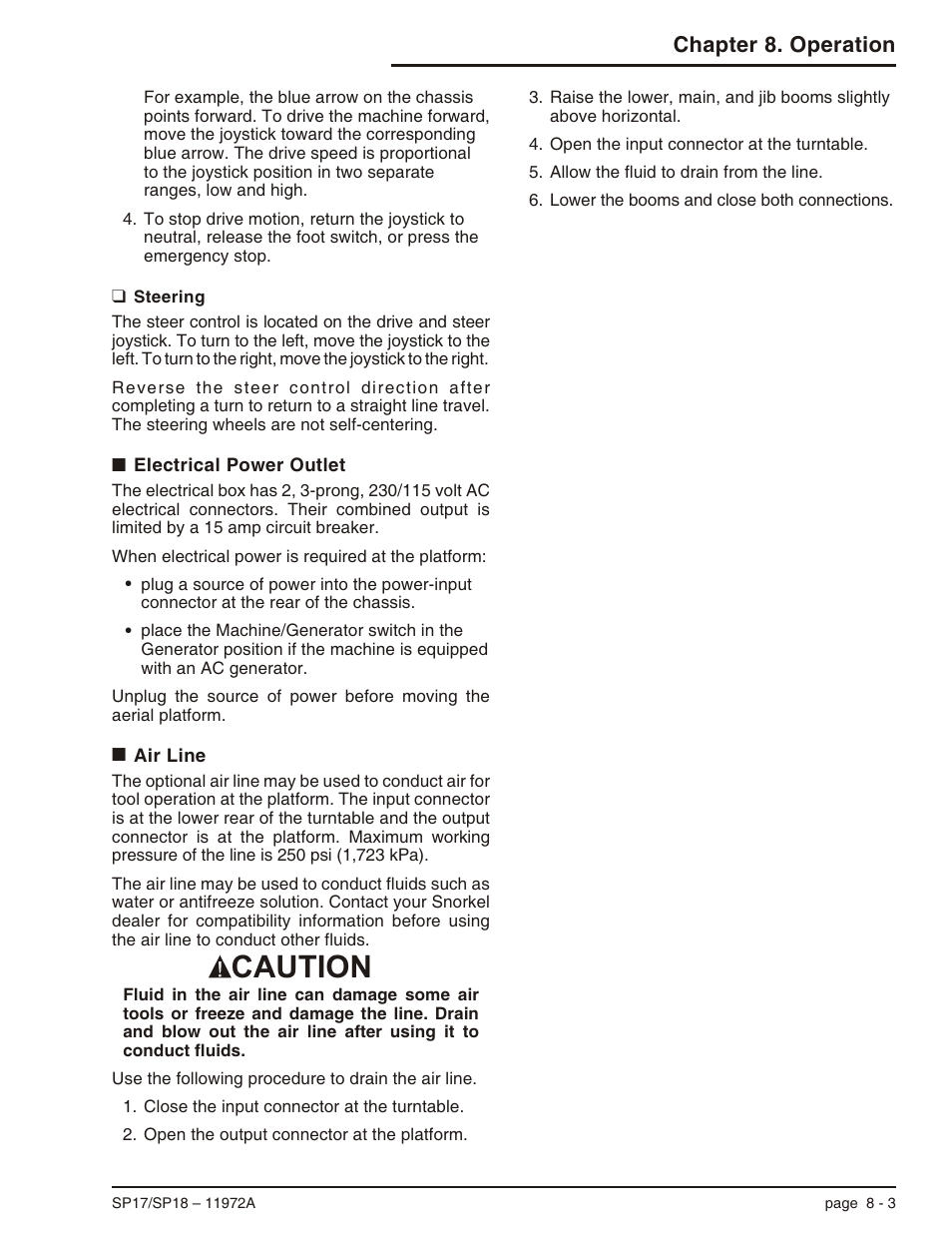 Steering 8-3, Electrical power outlet 8-3, Air line 8-3 | Steering -3, Electrical power outlet -3 air line -3, Caution, Chapter 8. operation | Snorkel SP18 User Manual | Page 49 / 69