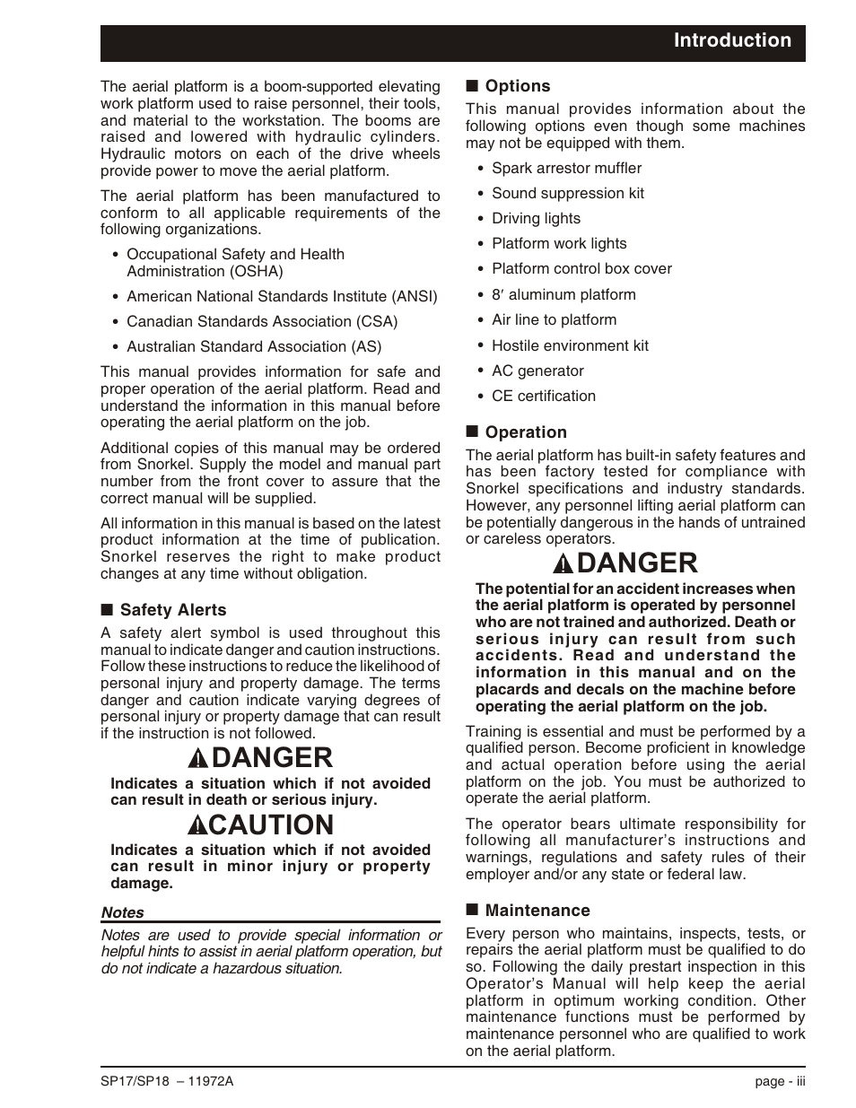 Introduction, Safety alerts -iii, Options -iii | Operation -iii, Maintenance -iii, Ansi), -iii, Csa), -iii, Safety alerts, -iii, Danger caution danger | Snorkel SP18 User Manual | Page 5 / 69