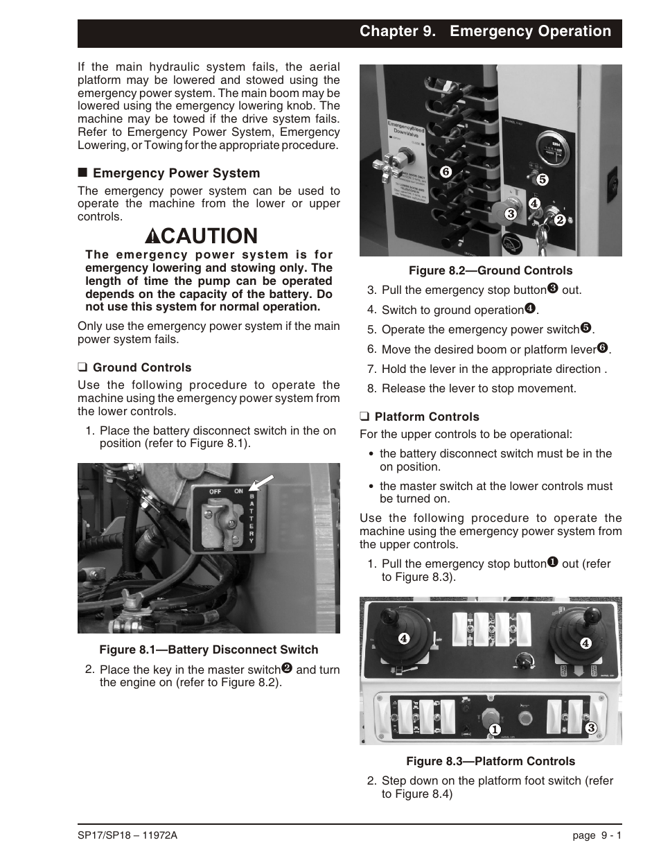 Chapter 9. emergency operation, Emergency power system 9-1, Ground controls 9-1 | Platform controls 9-1, Emergency power system -1, Ground controls -1 platform controls -1, Caution | Snorkel SP18 User Manual | Page 51 / 69