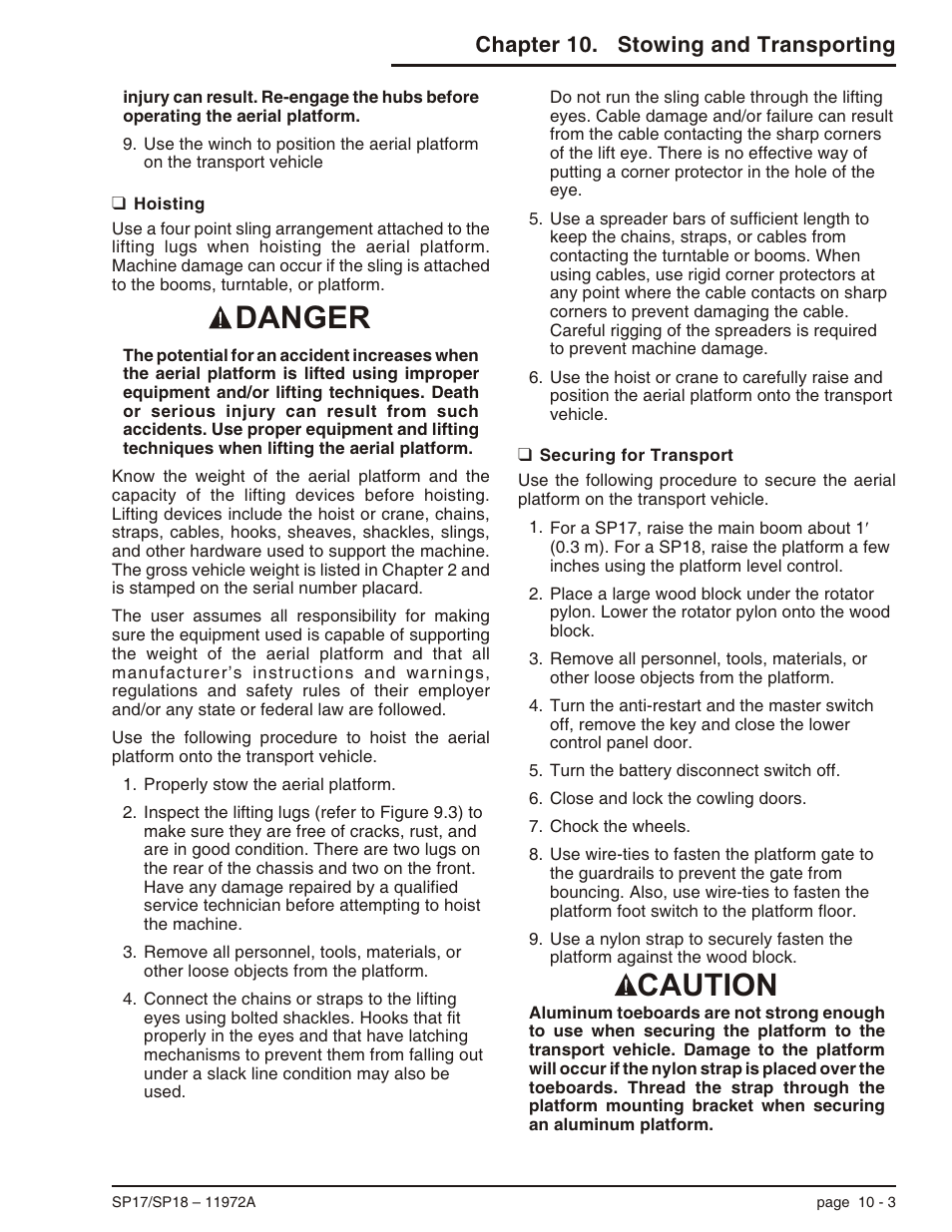 Hoisting 10-3, Securing for transport 10-3, Hoisting -3 securing for transport -3 | Caution danger | Snorkel SP18 User Manual | Page 57 / 69