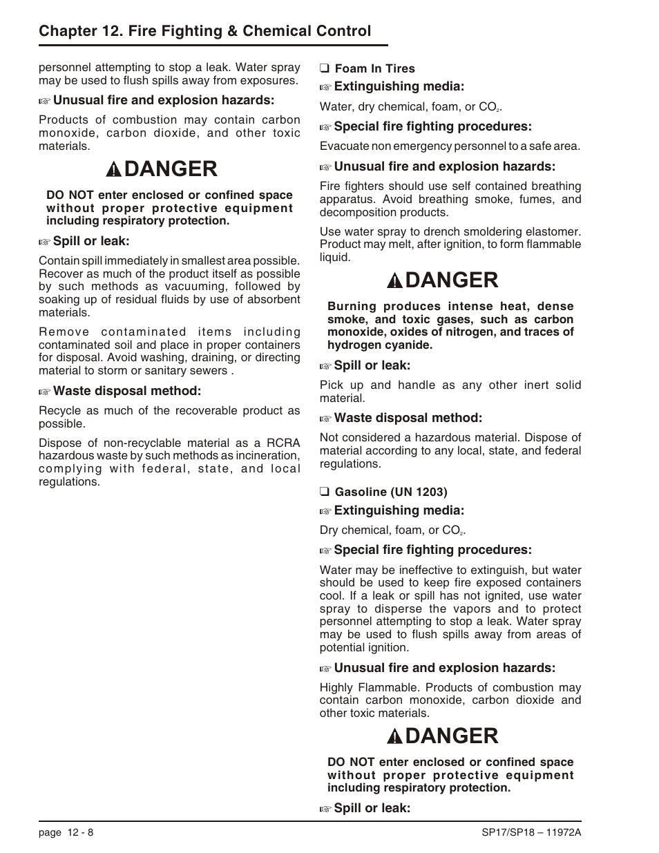 Foam in tires 12-8, Gasoline (un 1203) 12-8, Foam in tires, 12-8 | Gasoline (un 1203), 12-8, Foam in tires -8 gasoline (un 1203) -8, Danger, Chapter 12. fire fighting & chemical control | Snorkel SP18 User Manual | Page 62 / 69