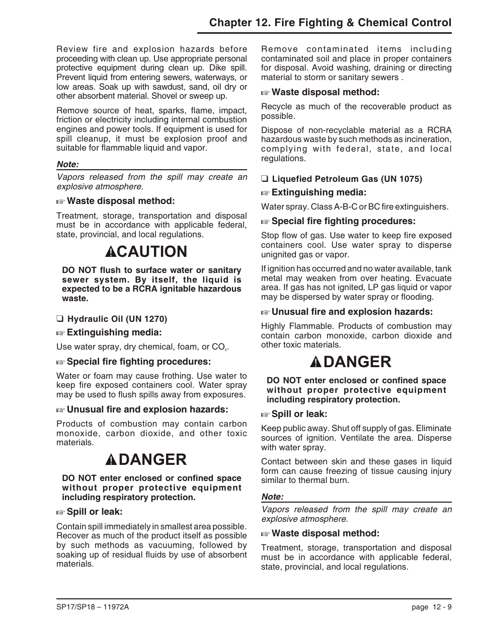 Hydraulic oil (un 1270) 12-9, Liquefied petroleum gas (un 1075) 12-9, Hydraulic oil (un 1270), 12-9 | Liquefied petroleum gas (un 1075), 12-9, Danger, Danger caution, Chapter 12. fire fighting & chemical control | Snorkel SP18 User Manual | Page 63 / 69