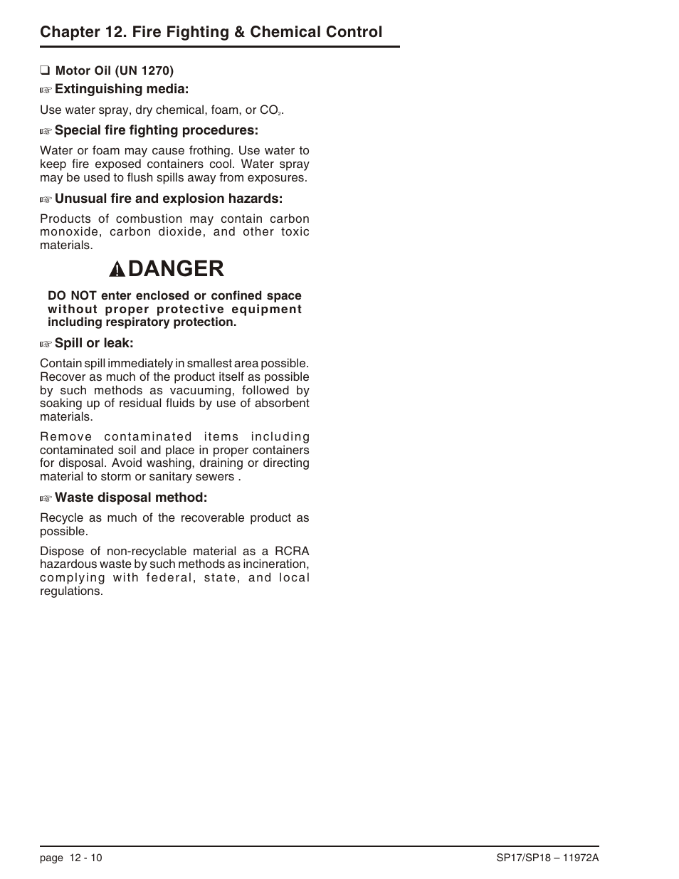 Motor oil (un 1270) 12-10, Motor oil (un 1270) , 12-10, Motor oil (un 1270) -10 | Danger, Chapter 12. fire fighting & chemical control | Snorkel SP18 User Manual | Page 64 / 69