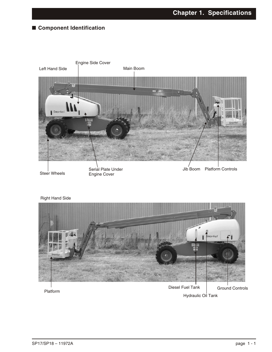 Chapter 1. specifications, Component identification 1-1, Component identification -1 | Snorkel SP18 User Manual | Page 9 / 69
