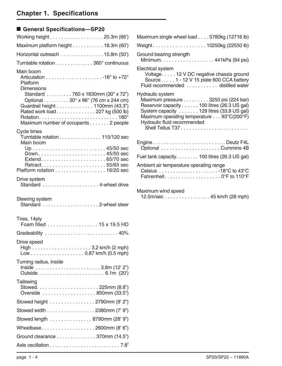General specifications—sp20 1-4, General specifications—sp20 -4, Chapter 1. specifications | Snorkel SP22 User Manual | Page 12 / 70