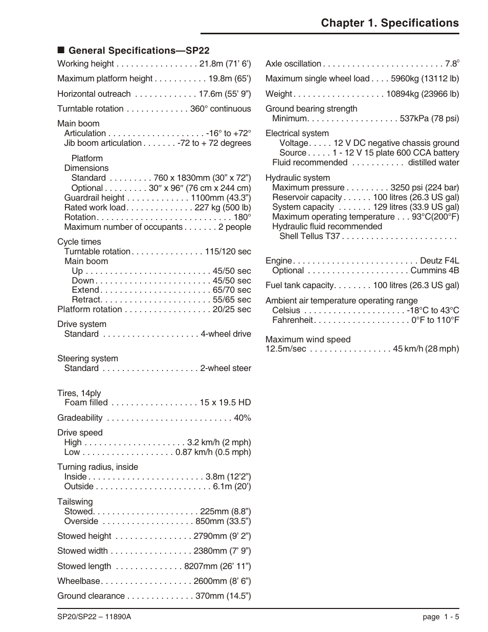 General specifications—sp22 1-5, General specifications—sp22 -5, Chapter 1. specifications | Snorkel SP22 User Manual | Page 13 / 70