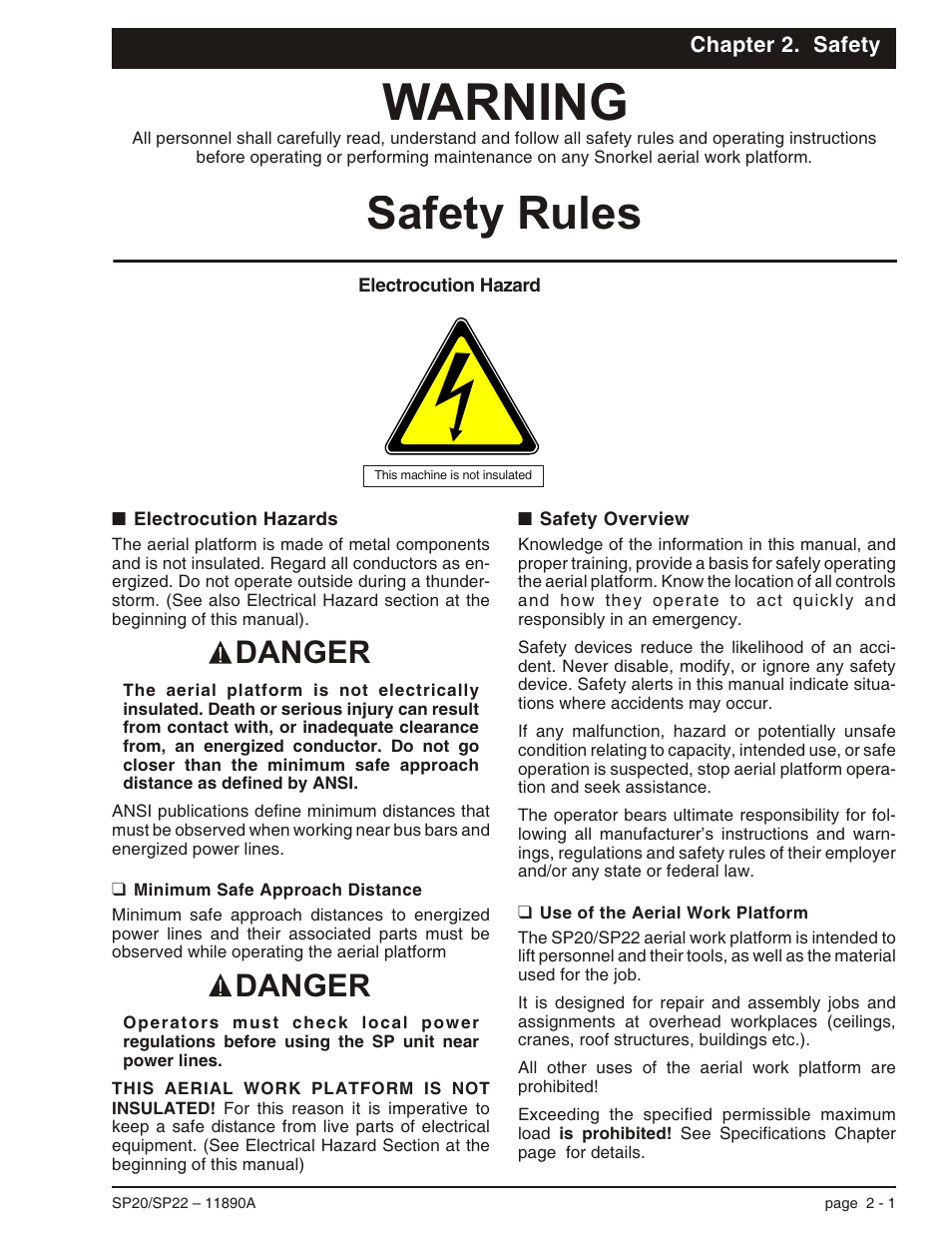 Chapter 2. safety, Electrocution hazards 2-1, Minimum safe approach distance 2-1 | Safety overview 2-1, Use of the aerial work platform 2-1, Minimum safe approach distance, 2-1, Electrocution hazards -1, Minimum safe approach distance -1, Safety overview -1, Use of the aerial work platform -1 | Snorkel SP22 User Manual | Page 15 / 70