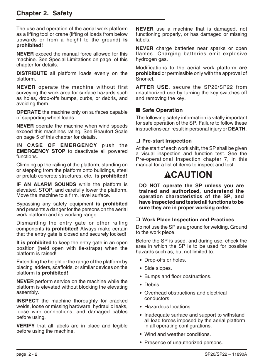Safe operation 2-2, Pre-start inspection 2-2, Work place inspection and practices 2-2 | Safe operation -2, Caution, Chapter 2. safety | Snorkel SP22 User Manual | Page 16 / 70