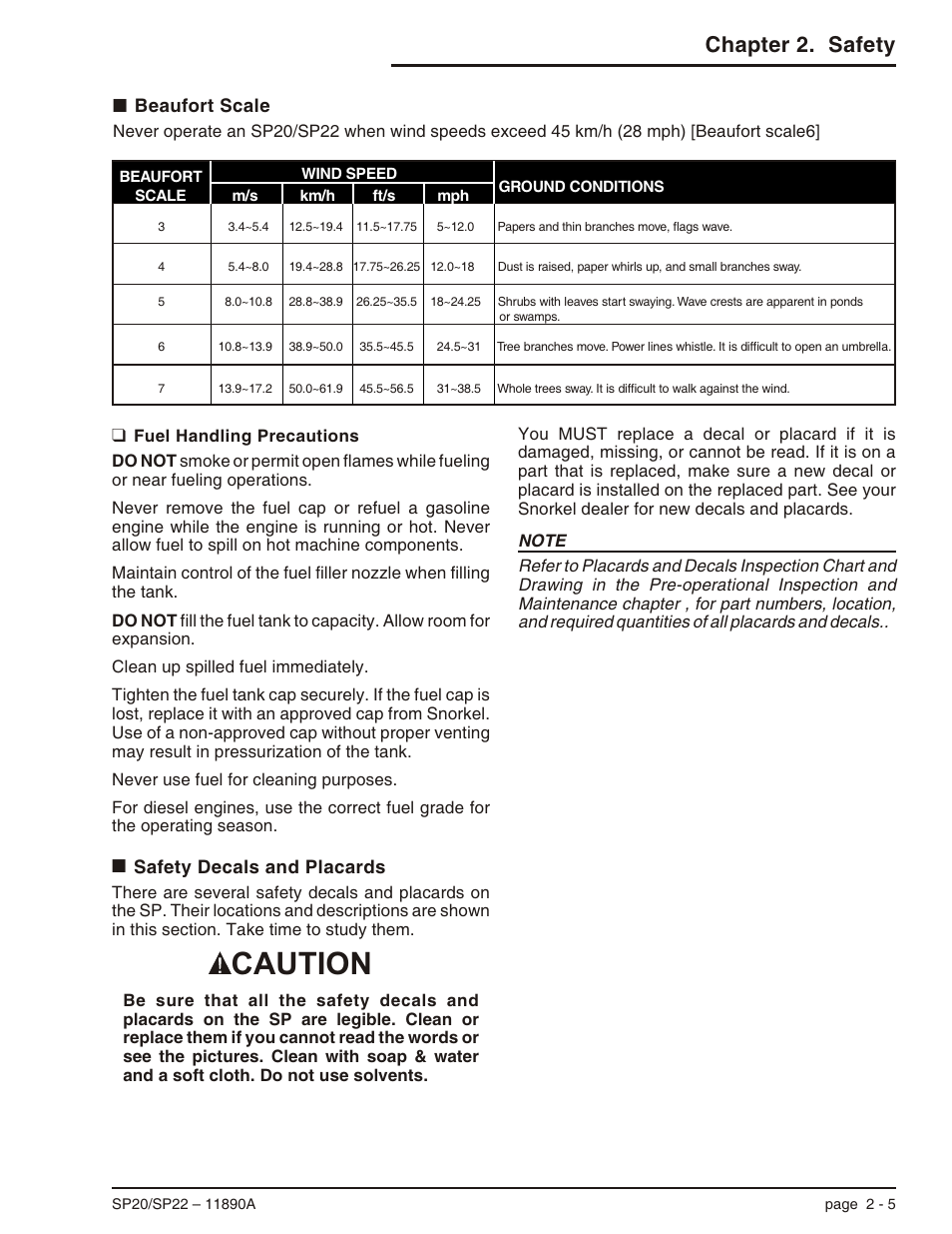 Fuel handling precautions 2-5, Safety decals and placards 2-5, Beaufort scale 2-5 | Fuel handling precautions -5, Safety decals and placards -5 beaufort scale -5, Caution, Chapter 2. safety | Snorkel SP22 User Manual | Page 19 / 70