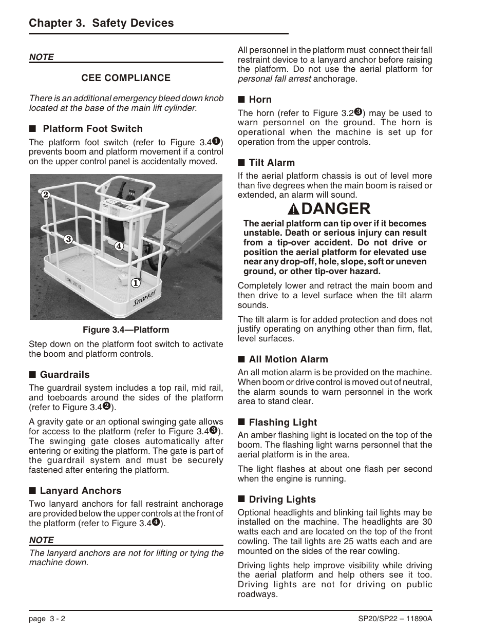 Platform foot switch 3-2, Guardrails 3-2, Lanyard anchors 3-2 | Horn 3-2, Tilt alarm 3-2, All motion alarm 3-2, Flashing light 3-2, Driving lights 3-2, Danger | Snorkel SP22 User Manual | Page 24 / 70