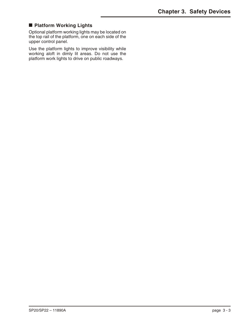 Platform working lights 3-3, Platform working lights -3, Chapter 3. safety devices | Snorkel SP22 User Manual | Page 25 / 70