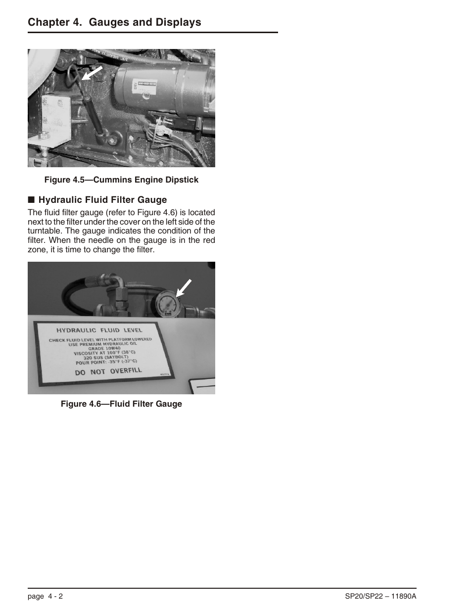 Hydraulic fluid filter gauge 4-2, Hydraulic fluid filter gauge -2, Chapter 4. gauges and displays | Snorkel SP22 User Manual | Page 28 / 70