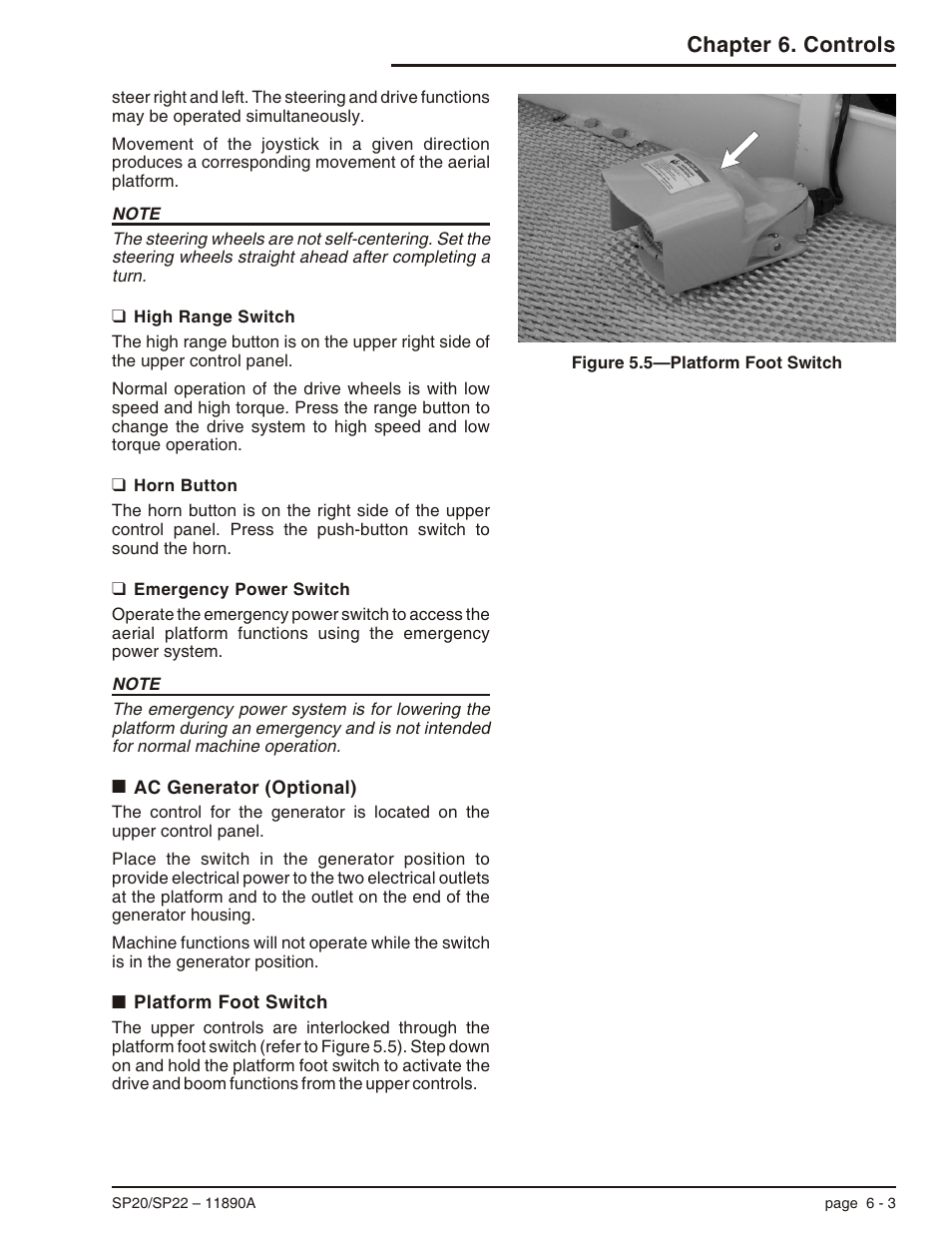 High range switch 6-3, Horn button 6-3, Emergency power switch 6-3 | Ac generator (optional) 6-3, Platform foot switch 6-3, Ac generator (optional) -3 platform foot switch -3, Chapter 6. controls | Snorkel SP22 User Manual | Page 33 / 70