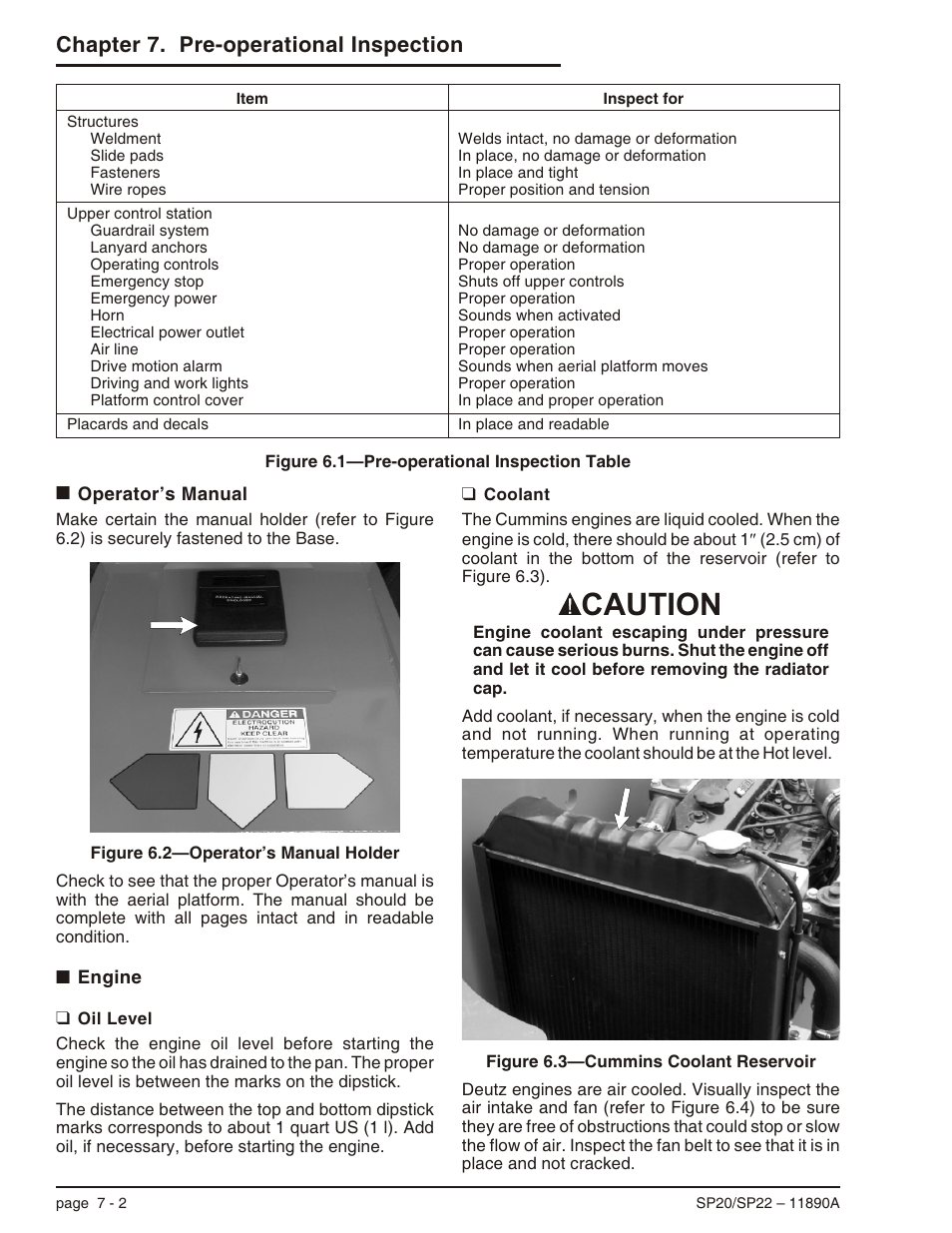 Operator’s manual 7-2, Engine 7-2, Oil level 7-2 | Coolant 7-2, Operator’s manual -2 engine -2, Oil level -2 coolant -2, Caution, Chapter 7. pre-operational inspection | Snorkel SP22 User Manual | Page 36 / 70