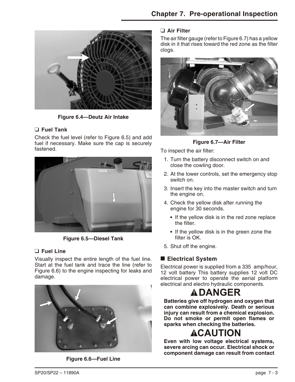 Fuel tank 7-3, Fuel line 7-3, Air filter 7-3 | Electrical system 7-3, Fuel tank -3 fuel line -3 air filter -3, Electrical system -3, Danger caution, Chapter 7. pre-operational inspection | Snorkel SP22 User Manual | Page 37 / 70