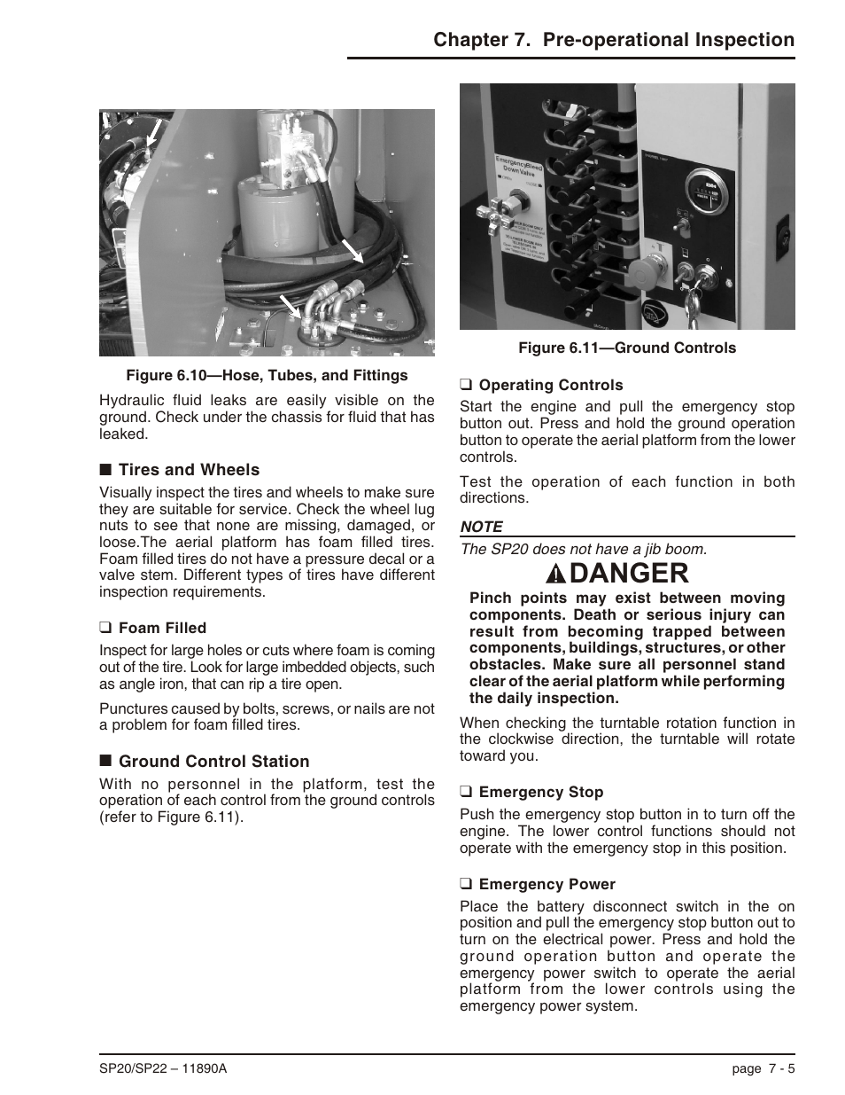 Tires and wheels 7-5, Foam filled 7-5, Ground control station 7-5 | Operating controls 7-5, Emergency stop 7-5, Emergency power 7-5, Tires and wheels -5, Foam filled -5, Ground control station -5, Danger | Snorkel SP22 User Manual | Page 39 / 70