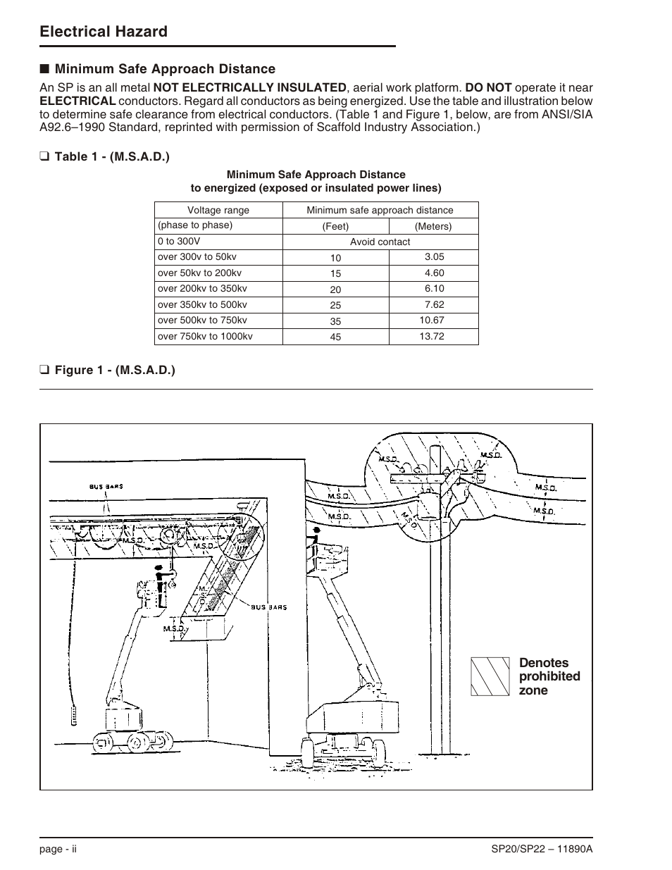 Minimum safe approach distance -ii, Table 1 - (m.s.a.d.) -ii, Figure 1 - (m.s.a.d.) -ii | Electrical hazard | Snorkel SP22 User Manual | Page 4 / 70