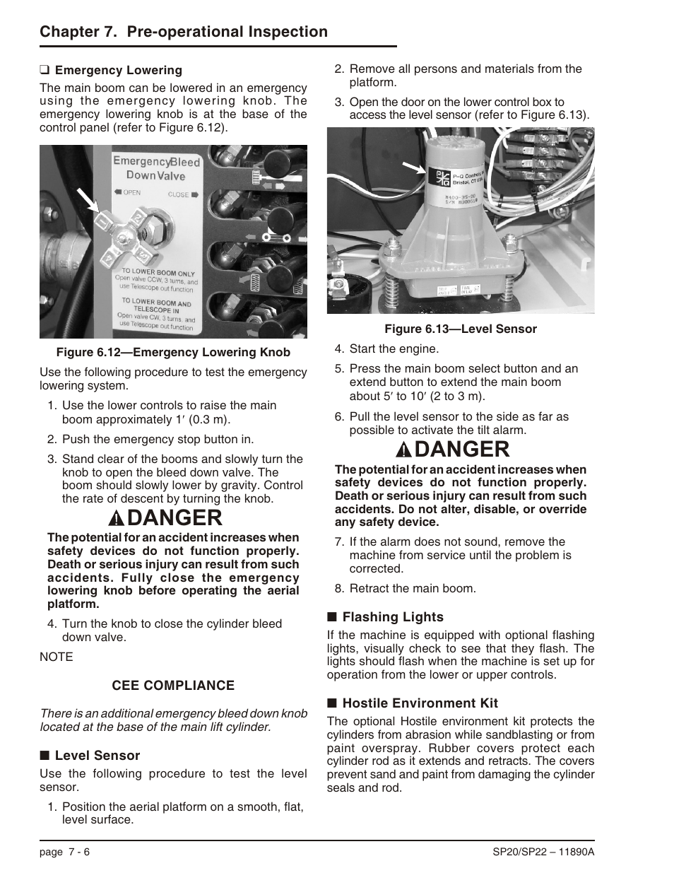 Emergency lowering 7-6, Level sensor 7-6, Flashing lights 7-6 | Hostile environment kit 7-6, Emergency lowering -6, Danger | Snorkel SP22 User Manual | Page 40 / 70