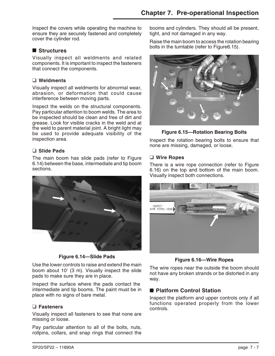 Structures 7-7, Weldments 7-7, Slide pads 7-7 | Fasteners 7-7, Wire ropes 7-7, Platform control station 7-7, Structures -7, Platform control station -7, Chapter 7. pre-operational inspection | Snorkel SP22 User Manual | Page 41 / 70
