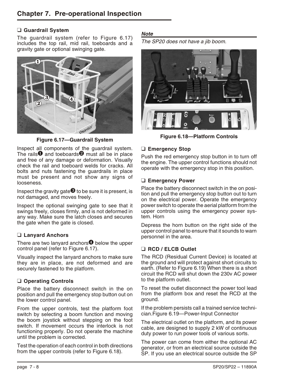 Guardrail system 7-8, Lanyard anchors 7-8, Operating controls 7-8 | Emergency stop 7-8, Emergency power 7-8, Rcd / elcb outlet 7-8, Chapter 7. pre-operational inspection | Snorkel SP22 User Manual | Page 42 / 70