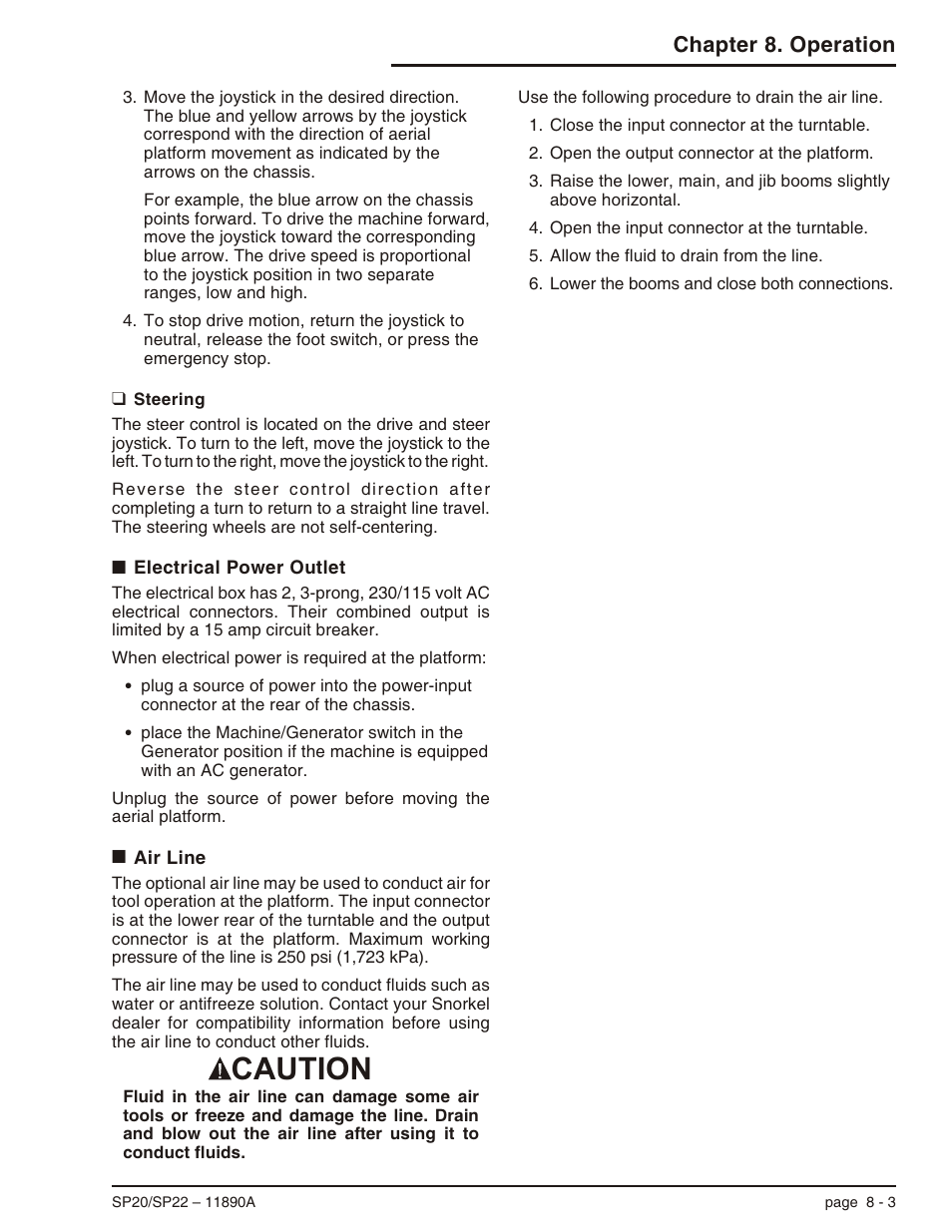 Steering 8-3, Electrical power outlet 8-3, Air line 8-3 | Steering -3, Electrical power outlet -3 air line -3, Caution, Chapter 8. operation | Snorkel SP22 User Manual | Page 49 / 70