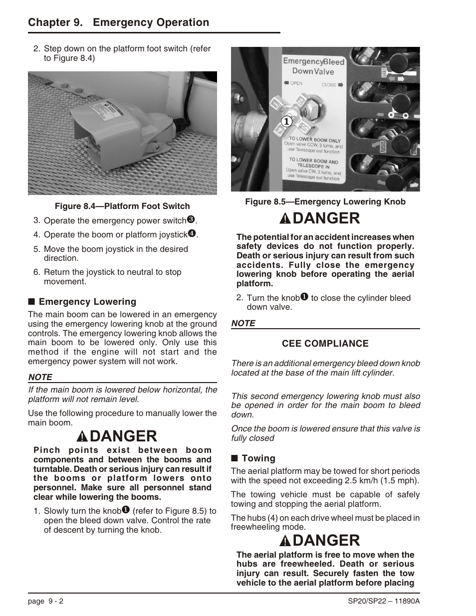 Emergency lowering 9-2, Towing 9-2, Emergency lowering -2 towing -2 | Danger | Snorkel SP22 User Manual | Page 52 / 70
