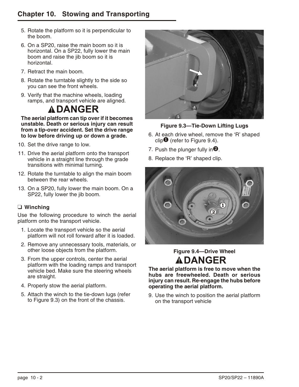 Winching 10-2, Winching -2, Danger | Snorkel SP22 User Manual | Page 56 / 70