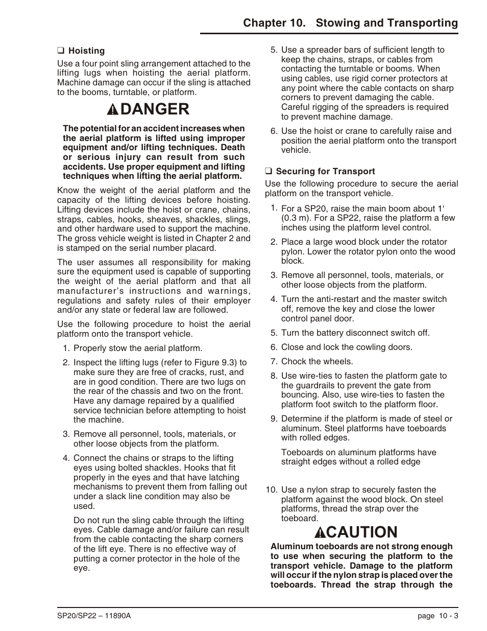 Hoisting 10-3, Securing for transport 10-3, Hoisting -3 securing for transport -3 | Caution danger | Snorkel SP22 User Manual | Page 57 / 70