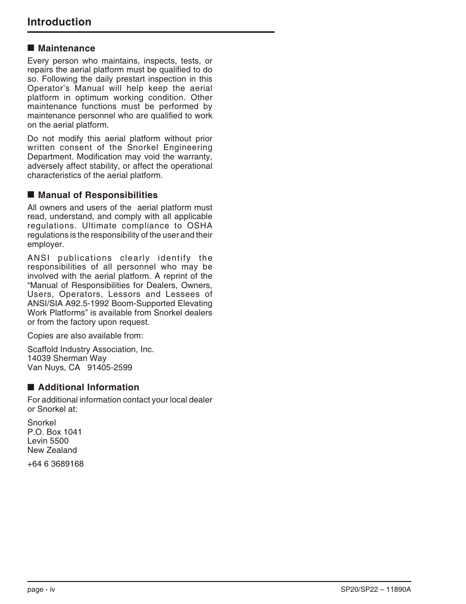 Maintenance -iv, Manual of responsibilities -iv, Additional information -iv | Manual of responsibilities, -iv, Introduction | Snorkel SP22 User Manual | Page 6 / 70