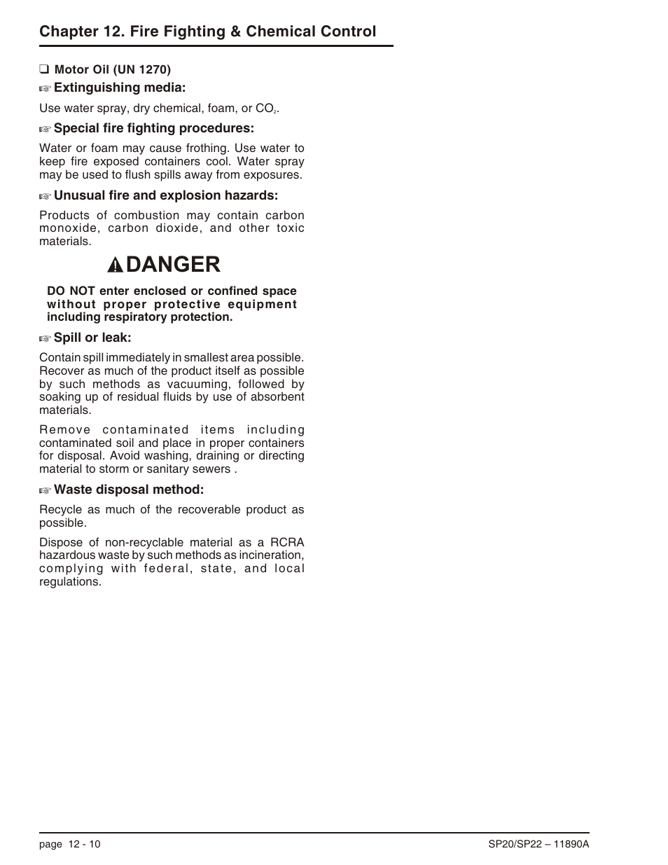 Danger, Chapter 12. fire fighting & chemical control | Snorkel SP22 User Manual | Page 64 / 70