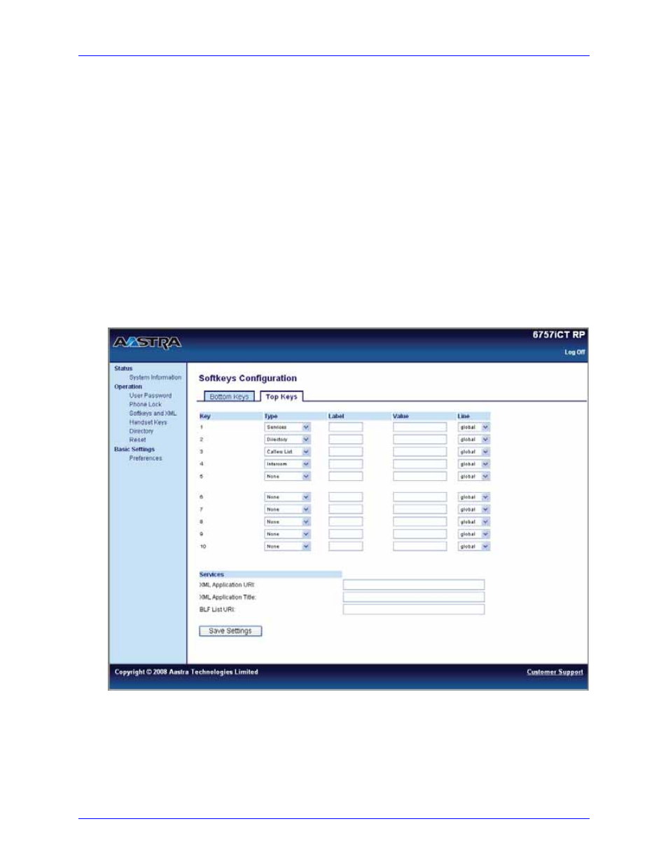 Programmable keys (6753i rp & 6757i ct rp), 6757i ct rp top softkeys, Advanced phone features | Aastra Telecom AastraLink RP CT Cordless User Manual | Page 66 / 110