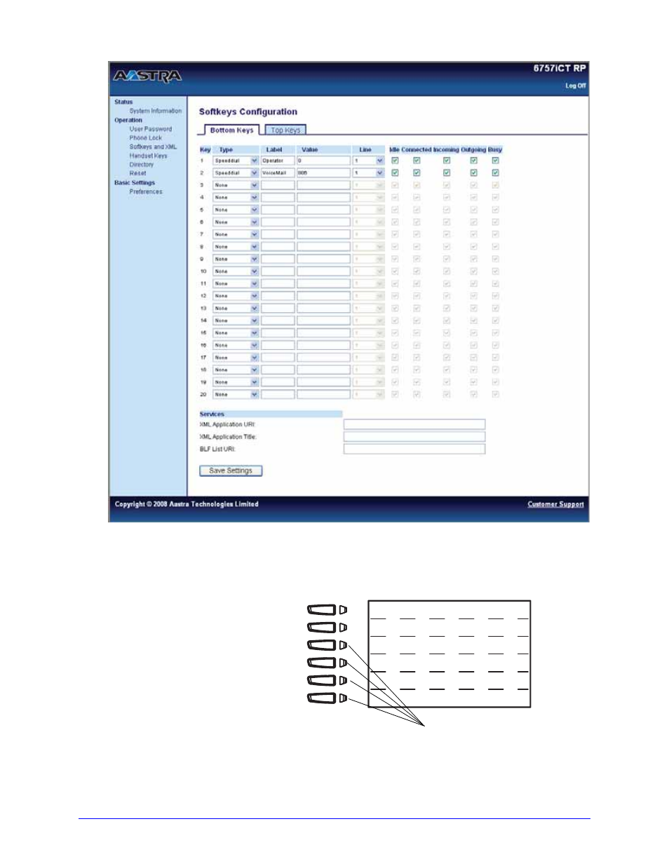 6757i ct rp bottom softkeys, 6753i rp programmable keys, Advanced phone features | Aastra Telecom AastraLink RP CT Cordless User Manual | Page 67 / 110