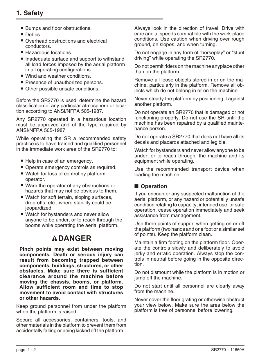 Operation 1-2, Operation -2, Danger | Safety | Snorkel SR2770 User Manual | Page 10 / 75