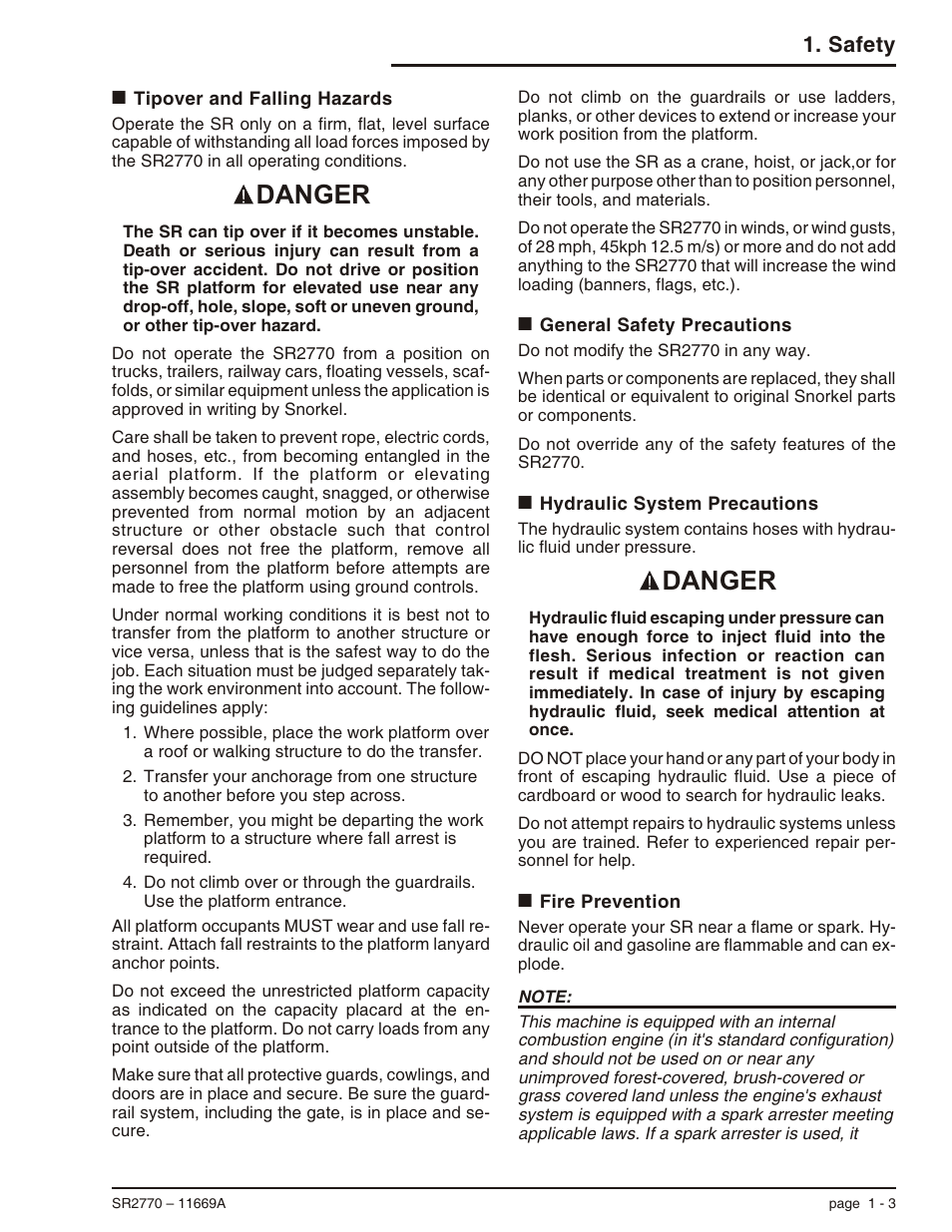 Tipover and falling hazards 1-3, General safety precautions 1-3, Hydraulic system precautions 1-3 | Fire prevention 1-3, Electrocution, 1-3, 8-1, Falling hazards, 1-3, Hydraulic systems, 1-3, Tipover hazard, 1-3, Danger, Safety | Snorkel SR2770 User Manual | Page 11 / 75